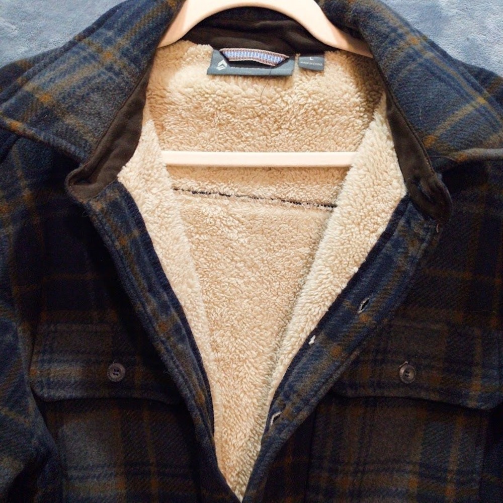 Free Country Mens Plaid Fleece Shirt Jacket Sherpa Lined Blue Brown Grey L - Picture 6 of 13